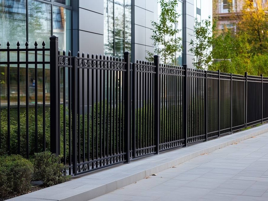 Commercial architectural iron fencing installed at a modern office campus in Texas