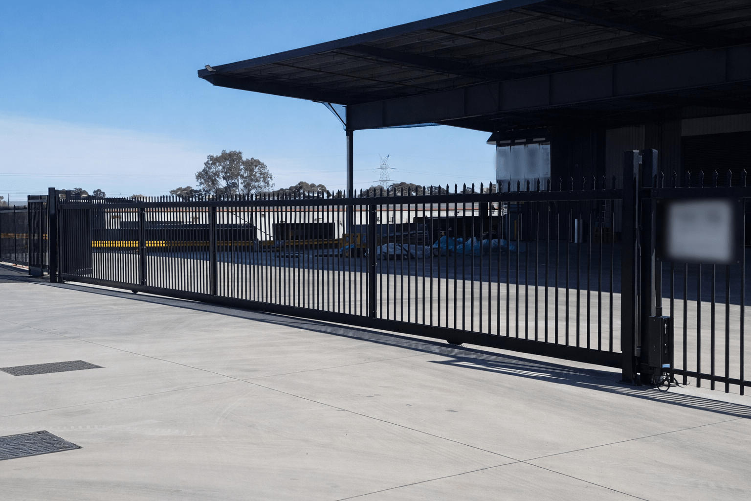 Large-span commercial sliding steel gate installed at industrial warehouse loading facility with automated operator and controlled truck access