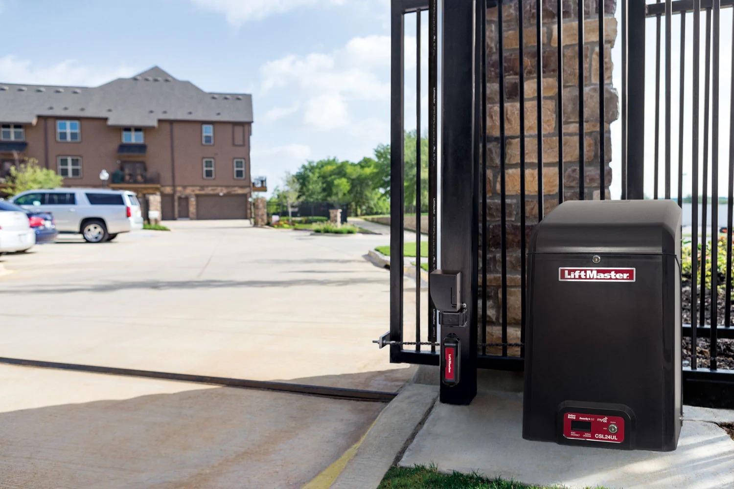 LiftMaster commercial slide gate operator installed on automated security gate for controlled property access