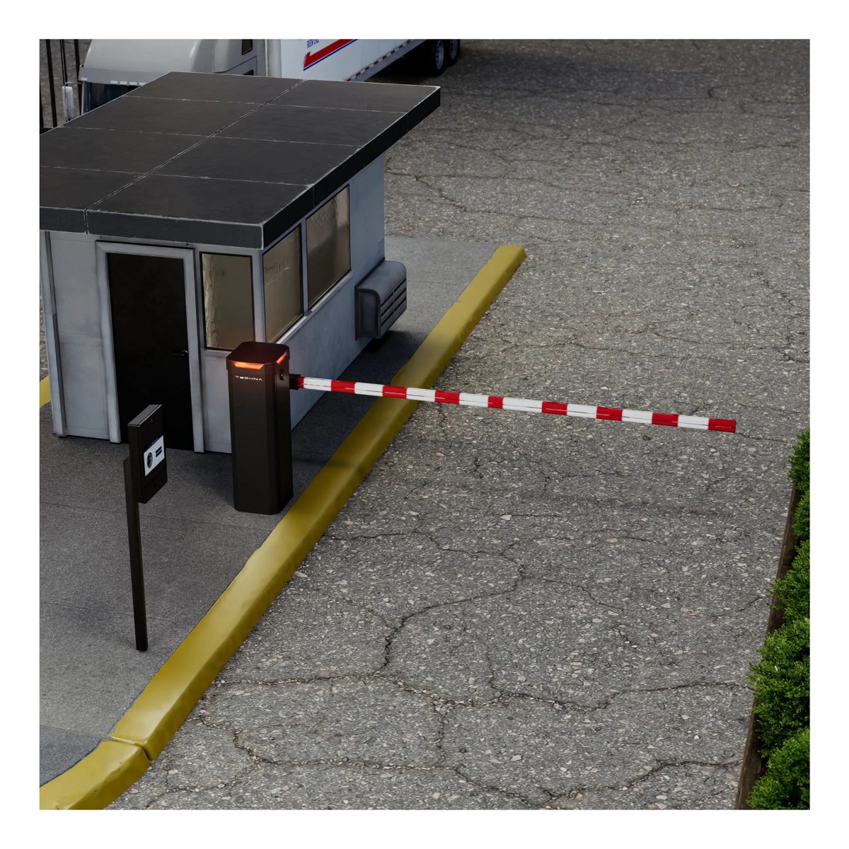 Barrier arm gate operator controlling a campus vehicle entry lane.