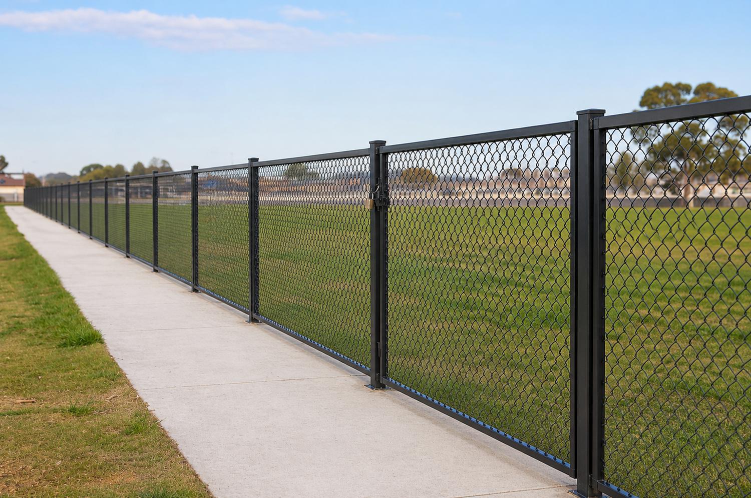 Black chain link fence and locking swing gate along a commercial perimeter.