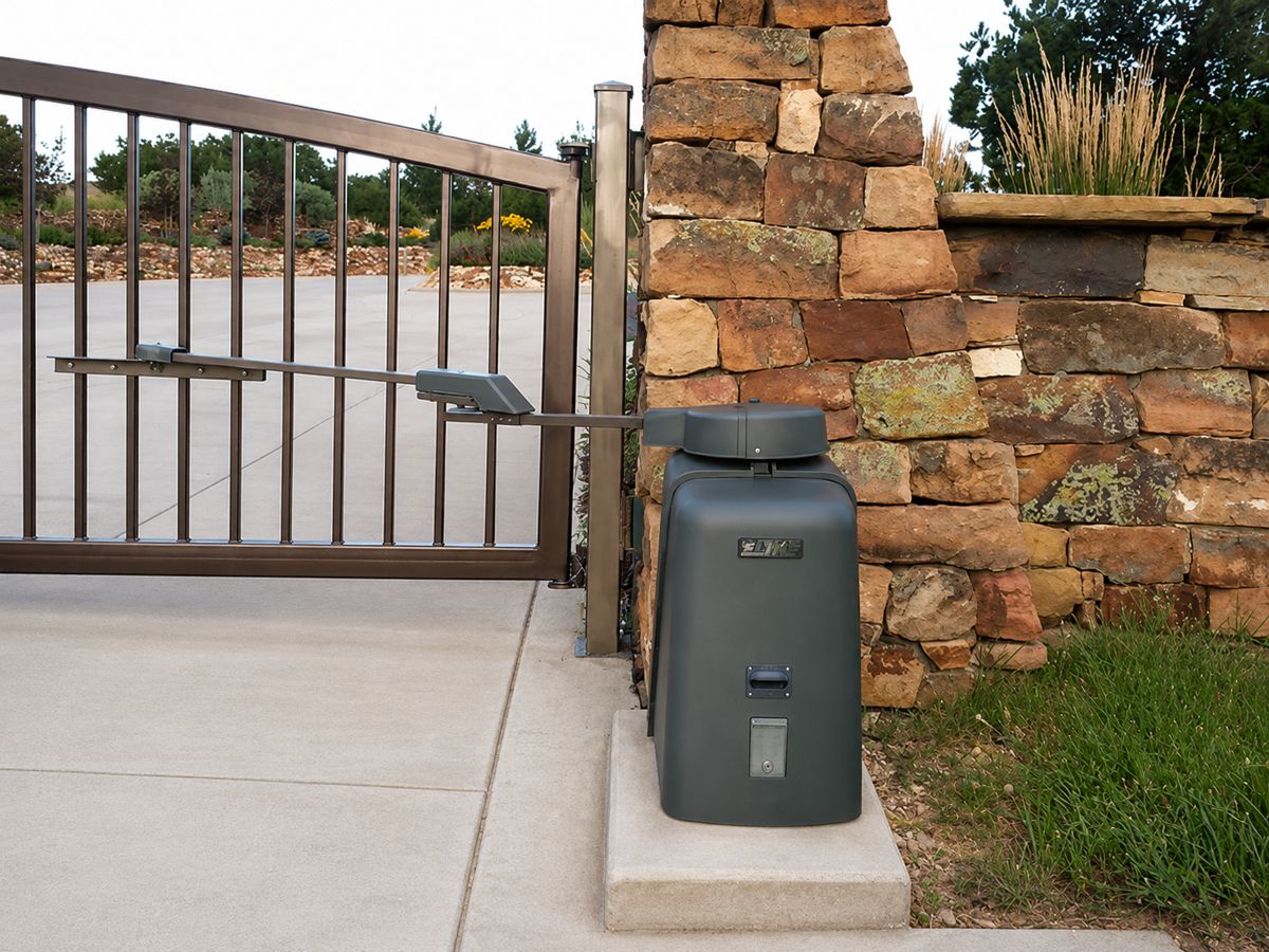 Commercial swing gate operator installed at a gated entrance.