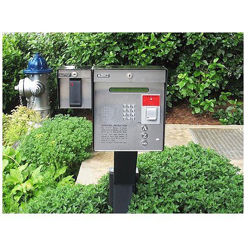 DoorKing 1835 telephone entry with card reader on a commercial pedestal.